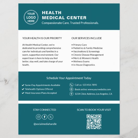 Zorgkliniek Dokter Aangepast Logo QR-code Turquois Flyer (Voorkant)