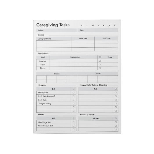 Zorgverlenend takenlogboek, ouder wordend ouders N Notitieblok (Linkerzijde)