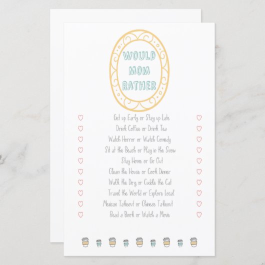 Zou mam liever een avontuurlijk Baby shower spelen (Voorkant / Achterkant)