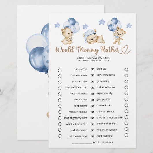 Zou mama liever Teddy Bear Boy Baby shower (Voorkant / Achterkant)