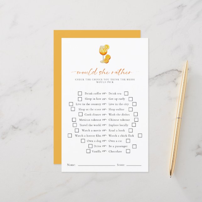 Zou ze liever Aperol Spritz Vrijgezellenfeest spel (Voorkant / Achterkant in situ)