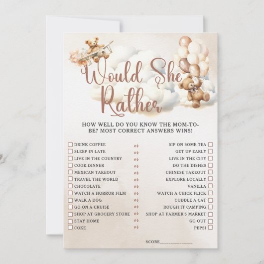 ZOU ZE LIEVER Baby shower spel Schattige Beer in Kaart (Voorkant)