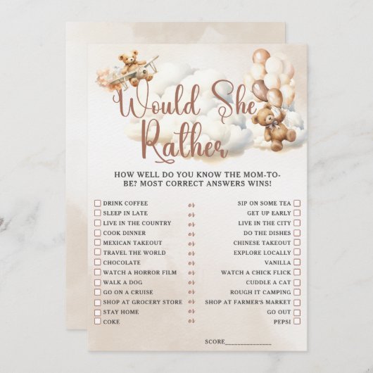 ZOU ZE LIEVER Baby shower spel Schattige Beer in Kaart (Voorkant / Achterkant)