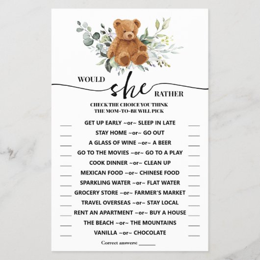 Zou ze liever Beer Greenery Shower Game Card wille Flyer (Voorkant)