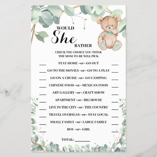 Zou ze liever Beer Greenery Shower Game Card wille Flyer (Voorkant)