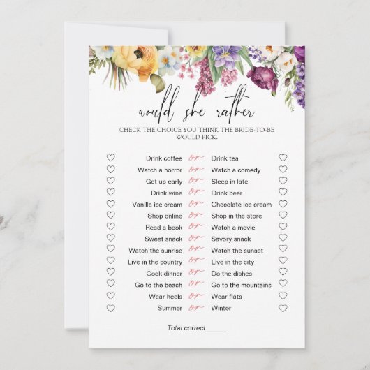 Zou ze liever bloemig Vrijgezellenfeest spel Kaart (Voorkant)