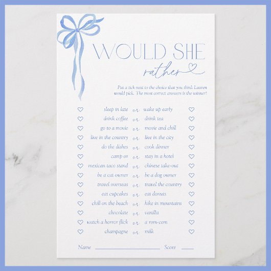 Zou ze liever Blue Bow Vrijgezellenfeest spel