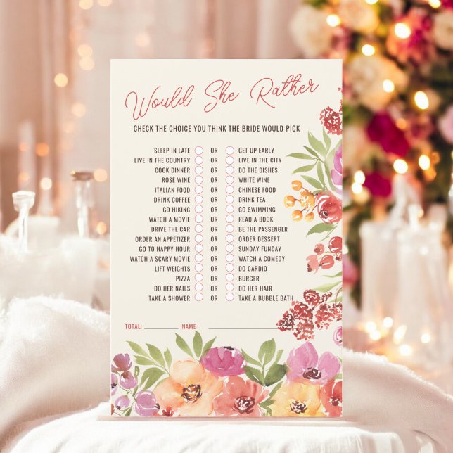 Zou ze liever boho floral vrijgezellenfeest spel (Would she rather boho floral bridal shower game)