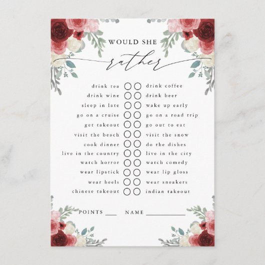 Zou ze liever Champagne Floral Party Game Enclo wi Informatiekaartje (Voorkant)