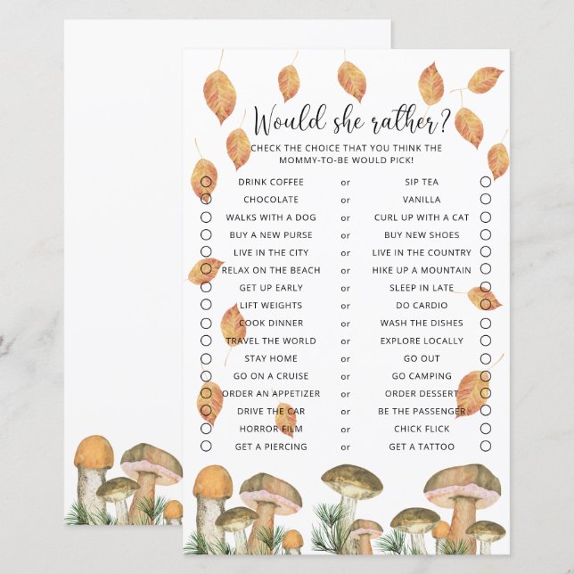 Zou ze liever - champignons Baby shower spel (Voorkant / Achterkant)