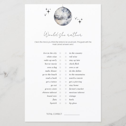 Zou ze liever Disco Ball Vrijgezellenfeest spel (Voorkant)