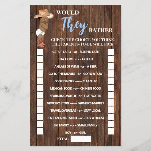 Zou ze liever een cowboy Baby shower spel Kaart (Voorkant)