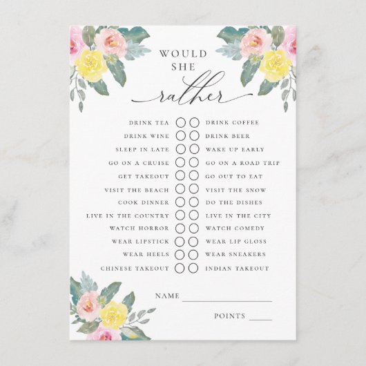 Zou ze liever een lichte cocktail bruids spel informatiekaartje (Voorkant)