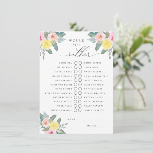 Zou ze liever een lichte cocktail bruids spel informatiekaartje (Staand voorkant)