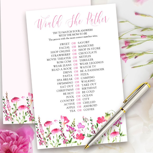 Zou ze liever een roze Wildflower Shower Quiz Game (Would She Rather Game Cards from my Pink Wildflower Collection. Message me for co-ordinating items.)
