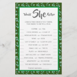 Zou ze liever Eucalyptus BridalShower-spelkaart he Flyer