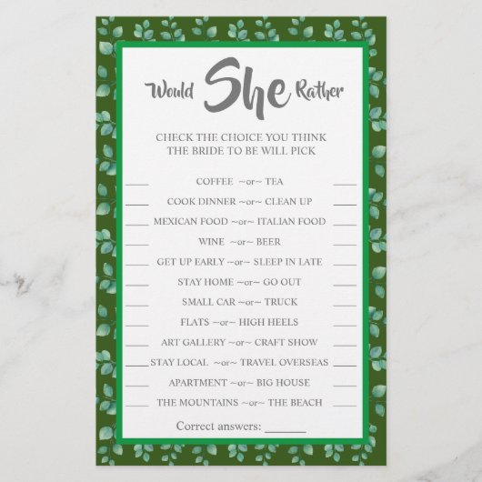 Zou ze liever Eucalyptus BridalShower-spelkaart he Flyer (Voorkant)