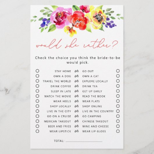 Zou ze liever fel bloemig Vrijgezellenfeest spel (Voorkant)