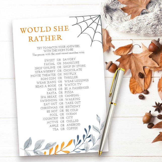 Zou ze liever Halloween Herfst douchegame (Would She Rather halloween themed baby shower game with fall leaves and cobweb)