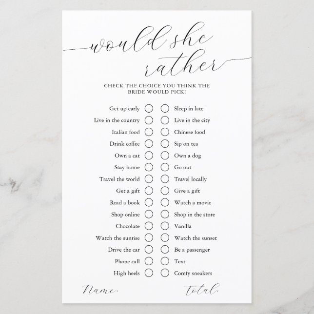 Zou ze liever kalligrafie Vrijgezellenfeest spel (Voorkant)