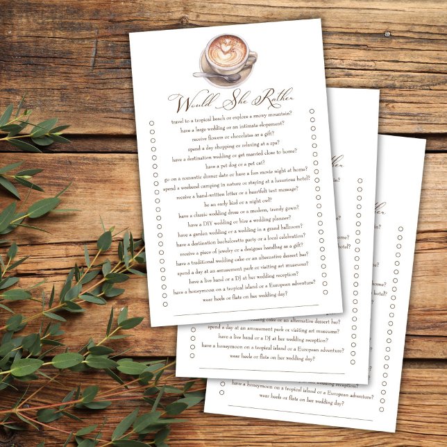 Zou ze liever koffie herfst vrijgezellenfeest spel (Would she rather love is brewing cappuccino coffee fall bridal shower games )