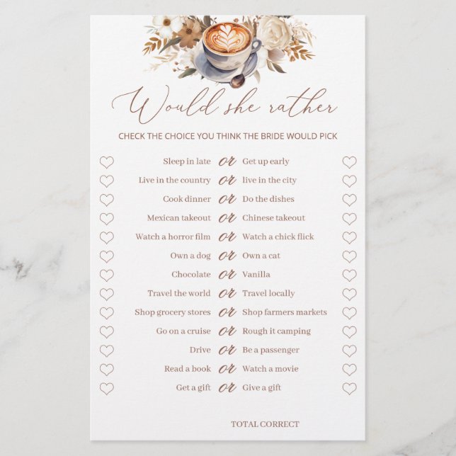 Zou ze liever koffie Vrijgezellenfeest spel (Voorkant)