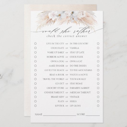 Zou ze liever Pampas Grass Vrijgezellenfeest Game  (Voorkant / Achterkant)