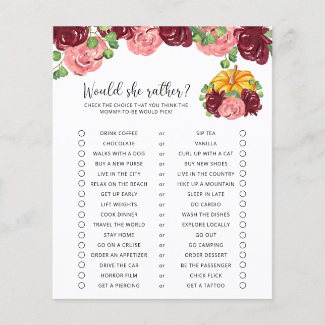 Zou ze liever - pompoen Baby shower spel (Voorkant)