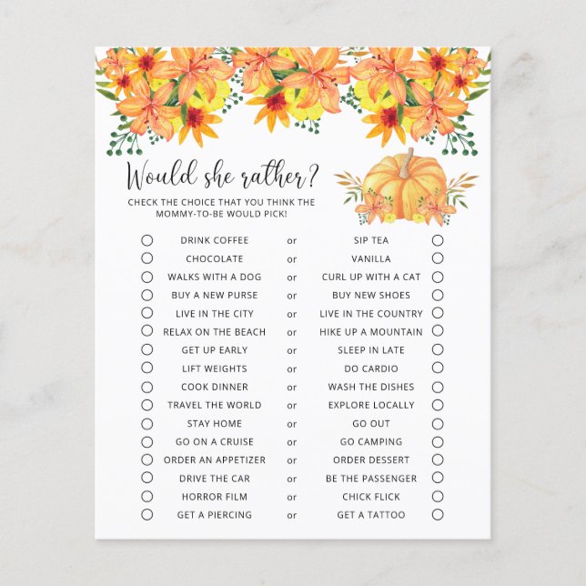 Zou ze liever - pompoen Baby shower spel (Voorkant)