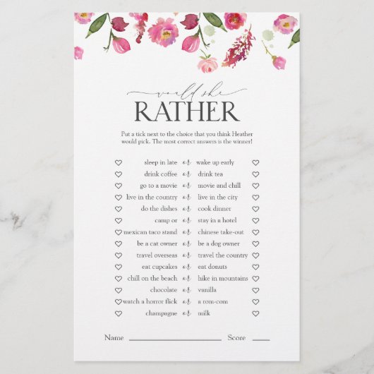 Zou ze liever roze bloemen Vrijgezellenfeest spel (Voorkant)