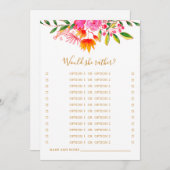 Zou ze liever roze bloemig Vrijgezellenfeest spel Kaart (Voorkant / Achterkant)