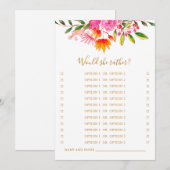 Zou ze liever roze bloemig Vrijgezellenfeest spel Kaart (Voorkant / Achterkant)