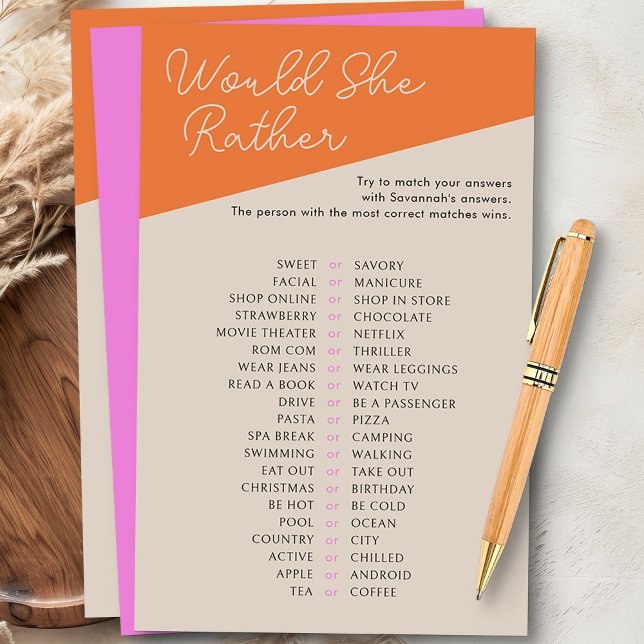 Zou ze liever roze Sinaasappel tricolor douchegame (Would She Rather baby shower game from my Tricolor Baby Shower Collection)