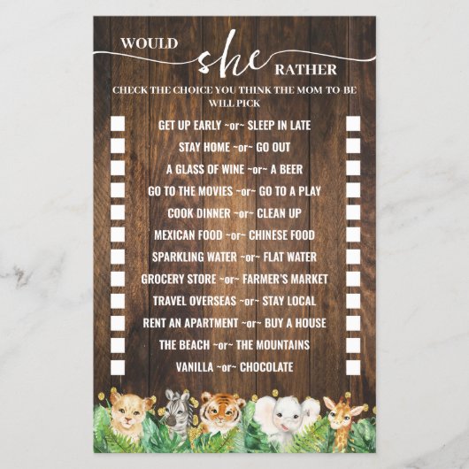 Zou ze liever Safari Baby shower spel Kaart (Voorkant)