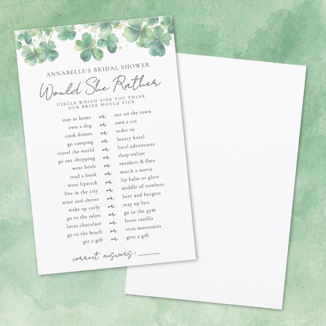 Zou ze liever Shamrock Vrijgezellenfeest spel (Would She Rather Shamrock Bridal Shower Game)