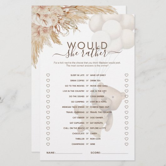 Zou ze liever Teddy Bear Baby shower Game hebben? (Voorkant / Achterkant)