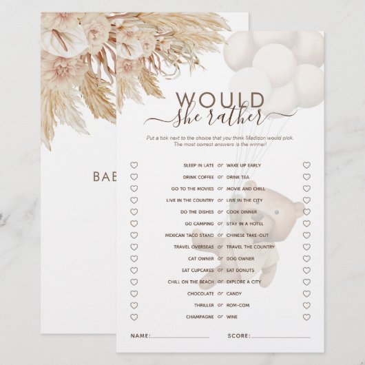 Zou ze liever Teddy Bear Baby shower Game hebben? (Voorkant / Achterkant)