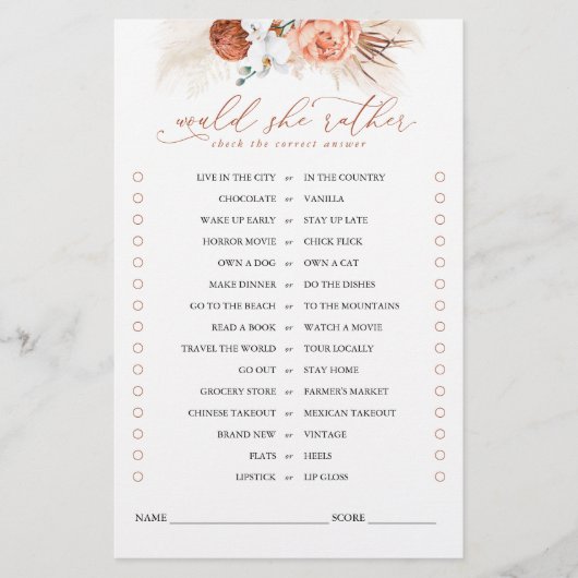 Zou ze liever Terracotta Floral Bridal Game willen (Voorkant)