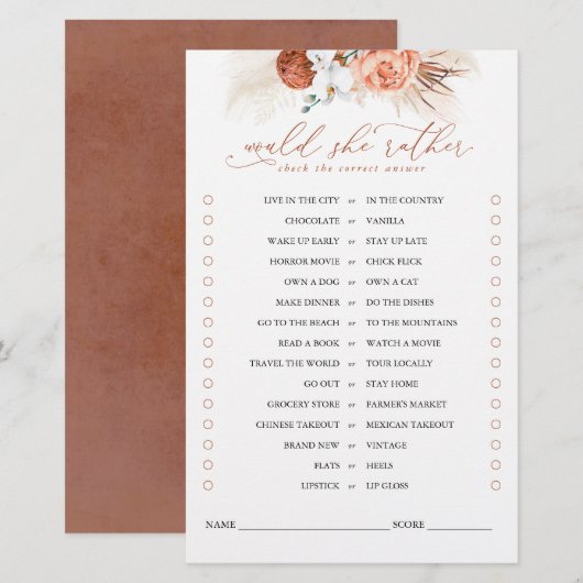 Zou ze liever Terracotta Floral Bridal Game willen (Voorkant / Achterkant)