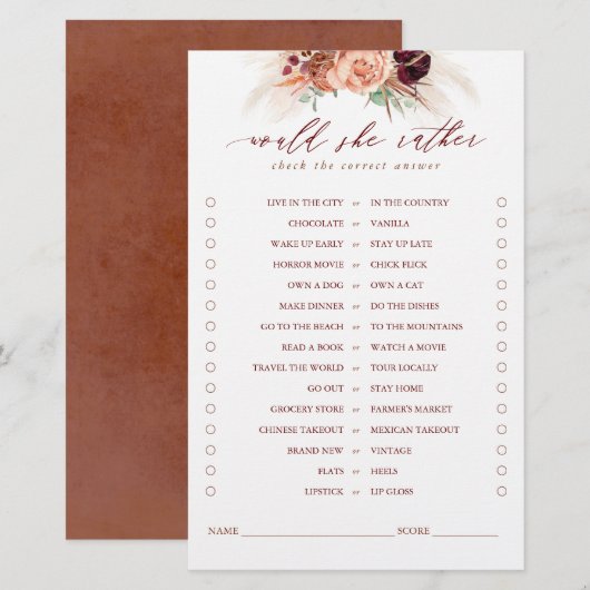 Zou ze liever Terracotta Floral Bridal Game willen (Voorkant / Achterkant)