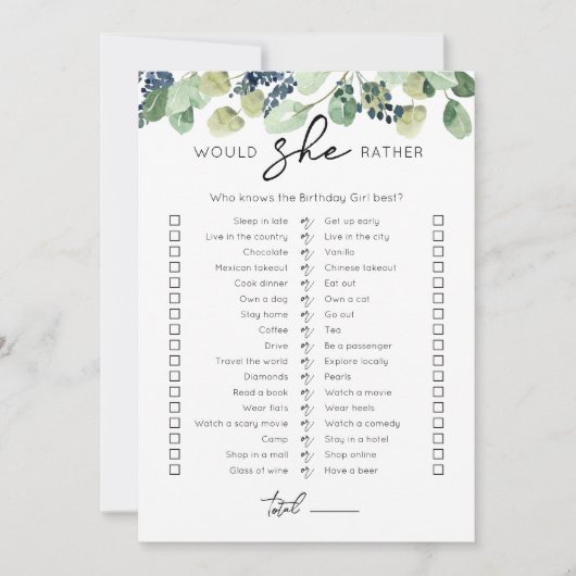 Zou ze liever verjaardagsfeestje spel Kaart (Voorkant)