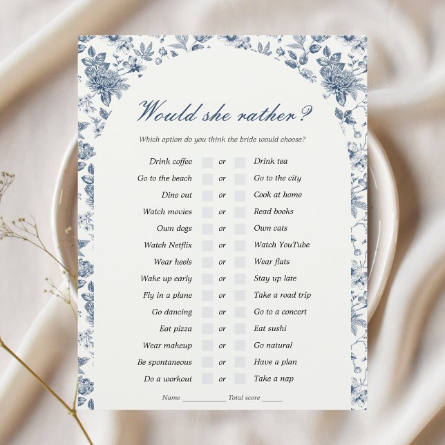 Zou ze liever Vrijgezellenfeest spel Chinoiserie (would she rather bridal shower game that matches something blue before i do theme blue chinoiserie
)