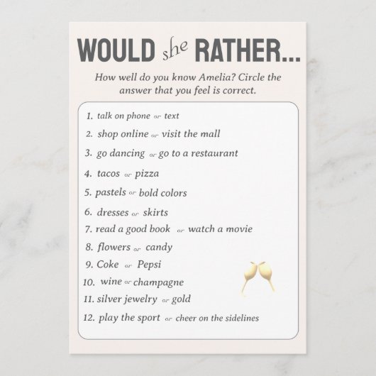 Zou ze liever? Vrijgezellenfeest spel met foto Advieskaart (Voorkant)