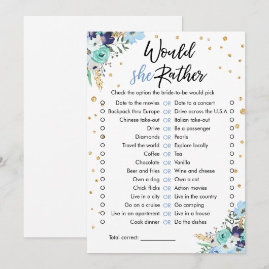 Zou ze liever Vrijgezellenfeest spel reizen blauw Kaart (Voorkant / Achterkant)