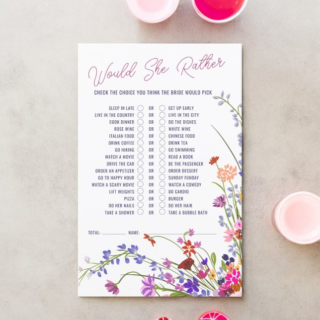 Zou ze liever wilde bloemen vrijgezellenfeest spel (Would she rather wildflowers bridal shower game)