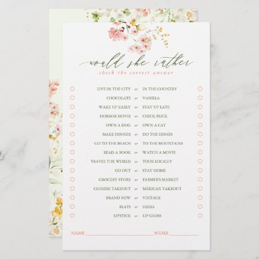 Zou ze liever wilde wilde bloemen in het wild spel (Voorkant / Achterkant)