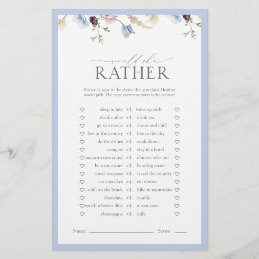 Zou Zij Eerder Stof Blauw Wilde Bloem Shower Spel (Voorkant)