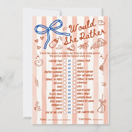 Zou Zij Liever Baby Shower Spel in Rood Blauw (Voorkant)