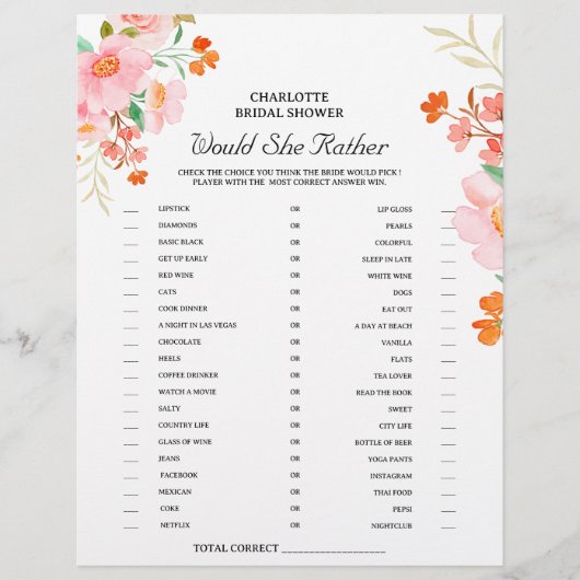 Zou zij liever Bruidsjurk Shower Game Bloemen Flyer (Voorkant)