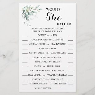 Zou Zij Liever Eucalyptus BruidsShower Spelkaart Flyer